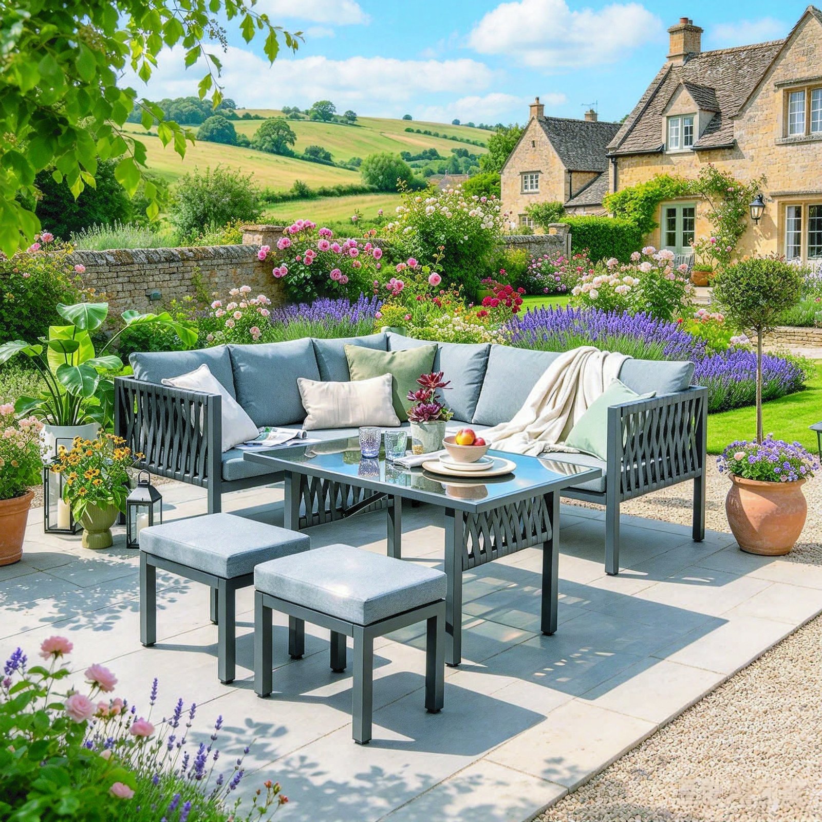 DES23101 steel rattan corner sofa set